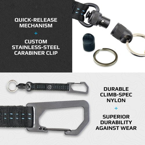 Trayvax Link Lanyard Keychain, Quick Release Climb-Spec Nylon Carabiner Key Chain for Men and Women, Stainless Steel, Black/Blue