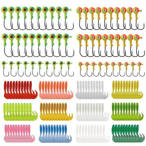 Ghanneey 150Pcs Fishing Soft Lures Kit Set with Jig Heads Hooks Kit Soft Plastic Grubs and Crappie Jig Fishing Hooks for Bass Trout Saltwater and Freshwater