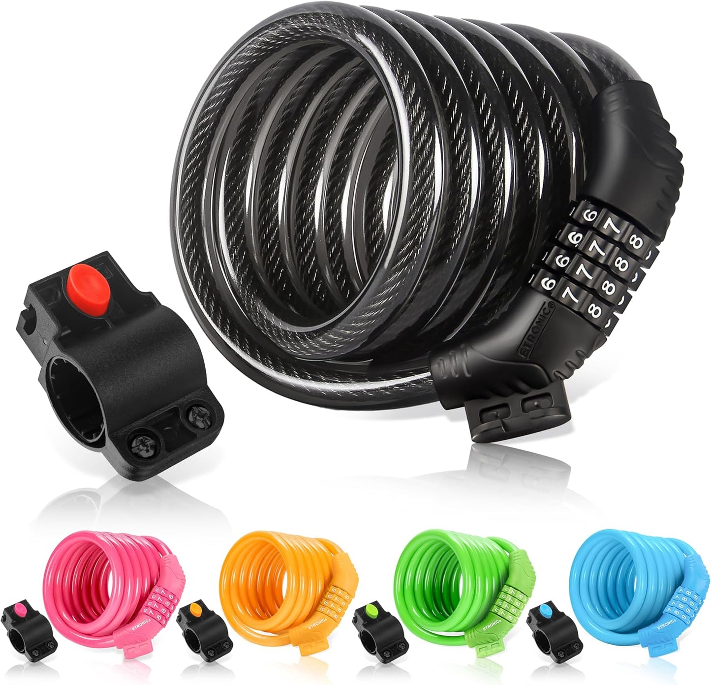 Secure Etronic 6ft Coiled Bike Lock - Resettable Combo Lock with Mounting Bracket