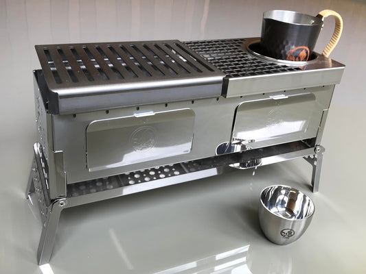 Sho's B-VI-DUO, Compact Hibachi Grill "KAN"(hot Japanese sake) plate set, foldable hibachi, sake warm & grill plate, carafe, cup/Yakitori, BBQ, Small Binchotan Grill for Authentic Japanese Grilling