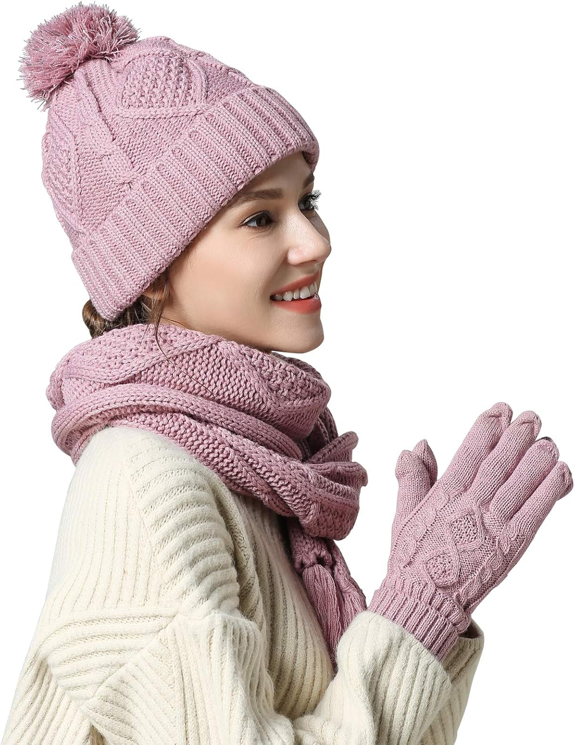 Winter Hat Gloves Scarf Set for Women, Cable Knit Beanie Pom Cap Touch Screen Glove Long Scarf 3PCS Winter Gift for Women Men