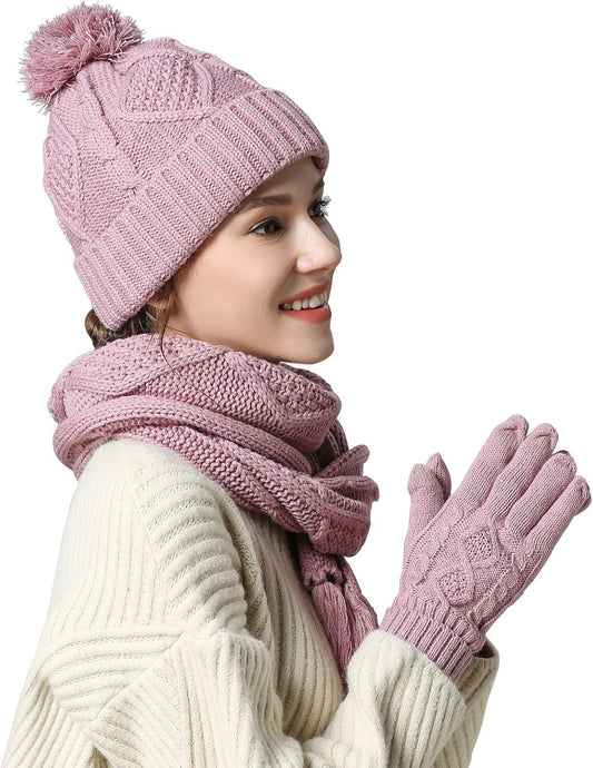 Winter Hat Gloves Scarf Set for Women, Cable Knit Beanie Pom Cap Touch Screen Glove Long Scarf 3PCS Winter Gift for Women Men