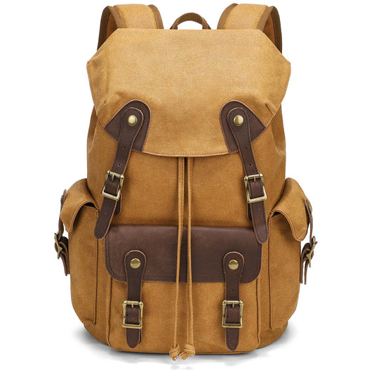 Beeaoo Canvas Backpack Mens Casual Daypack Vintage Travel Rucksack with Leather Trim
