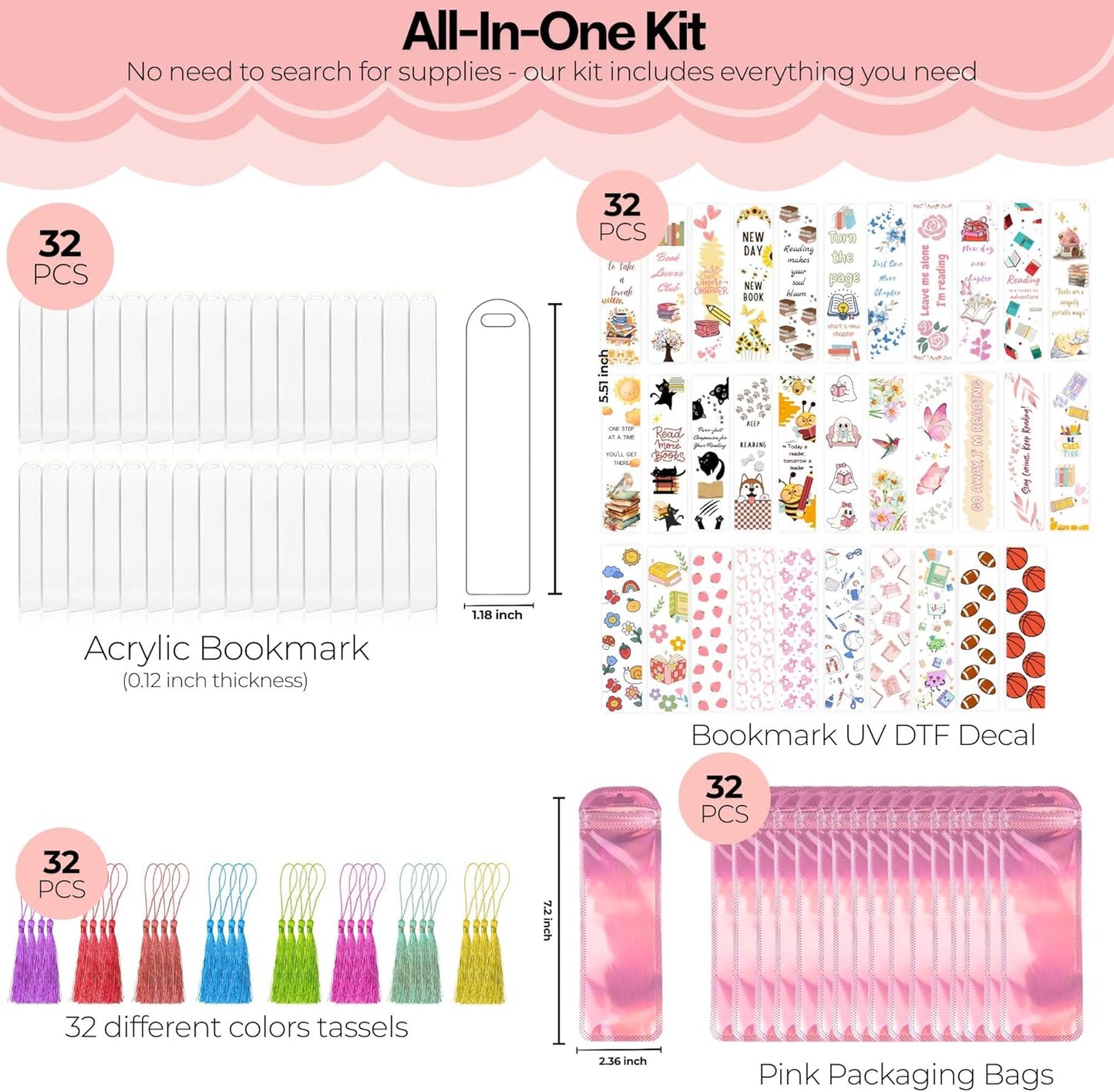 32 PCS Acrylic Bookmark Blanks(1mm Thick),Clear Acrylic Bookmarks with 32 Pcs UV DTF Sticker,32 Pcs Tassel, Suitable for DIY Your Crafts Gifts
