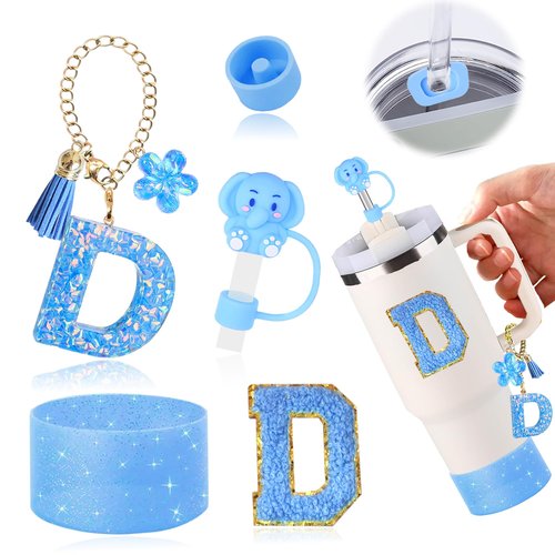 Stanley Cup Accessories Set 6 PCS for 30 Oz 40 Oz Tumbler, Blue Glitter Silicone Boot, Cute Elephant Straw Cover, Spill Stopper Plug, Letter Keychain Charm, Personalized (Cup Not Included)