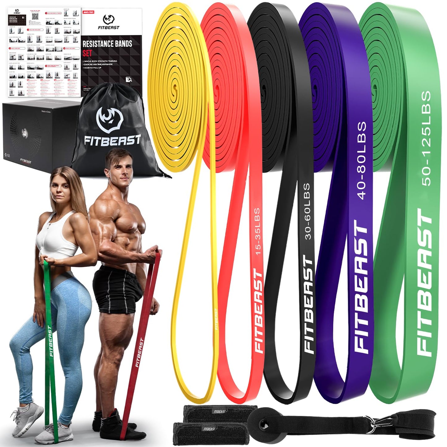 FitBeast Resistance Bands Set, 5 Different Levels, Pull Up Assist Bands for Strength Training, Crossfit, Powerlifting, Muscle Toning, Mobility Exercises, Full-Body Workout (Vibrant 5-125 lbs)