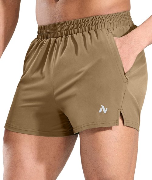 Nepest Men's 3" Running Shorts with Zipper Pocket for Athletic Workout Gym,Lightweight Liner Active Shorts Khaki S