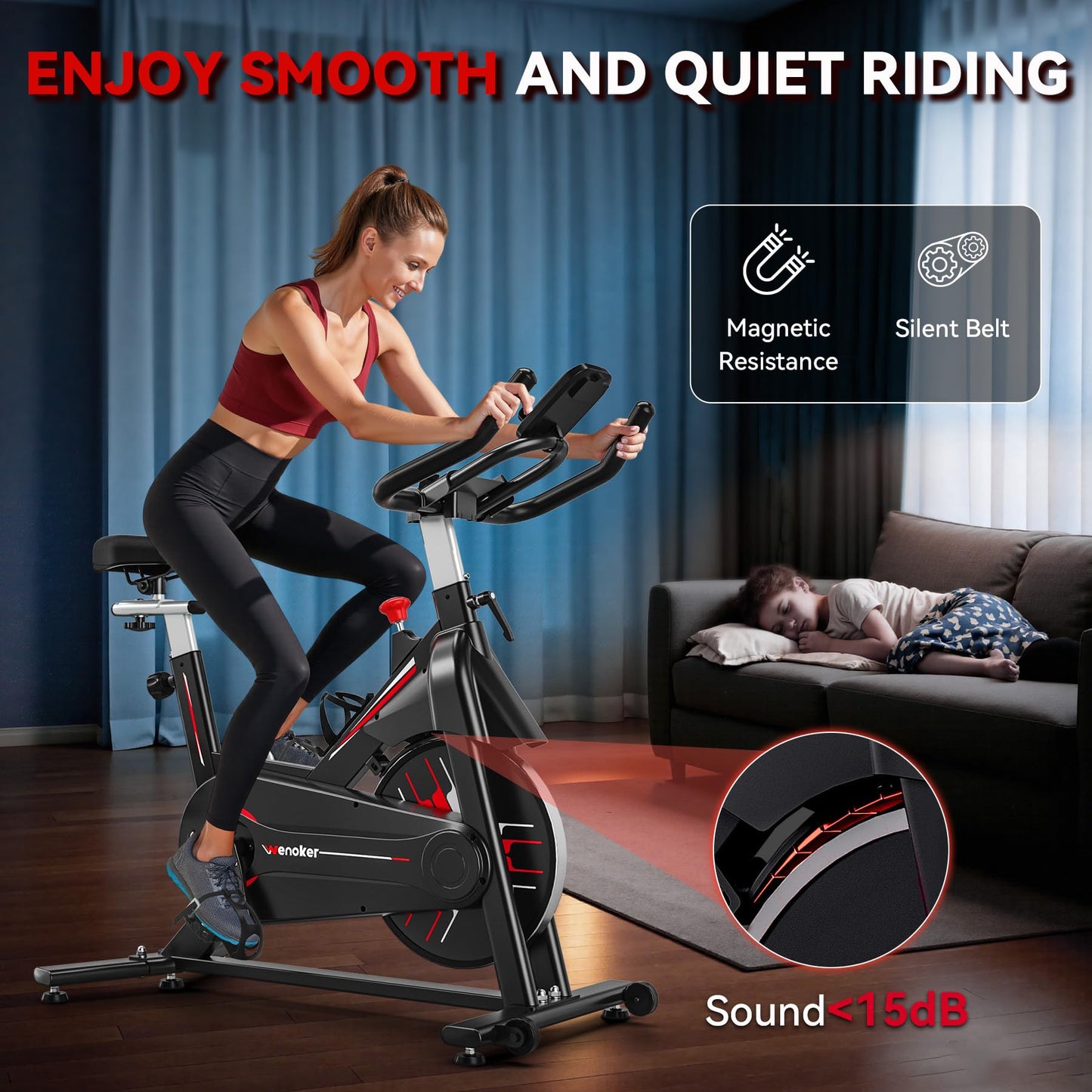 Exercise Bike, WENOKER Stationary Bike for Home, Indoor Bike with Whisper Quiet, Heavy Flywheel and Upgraded Digital Display
