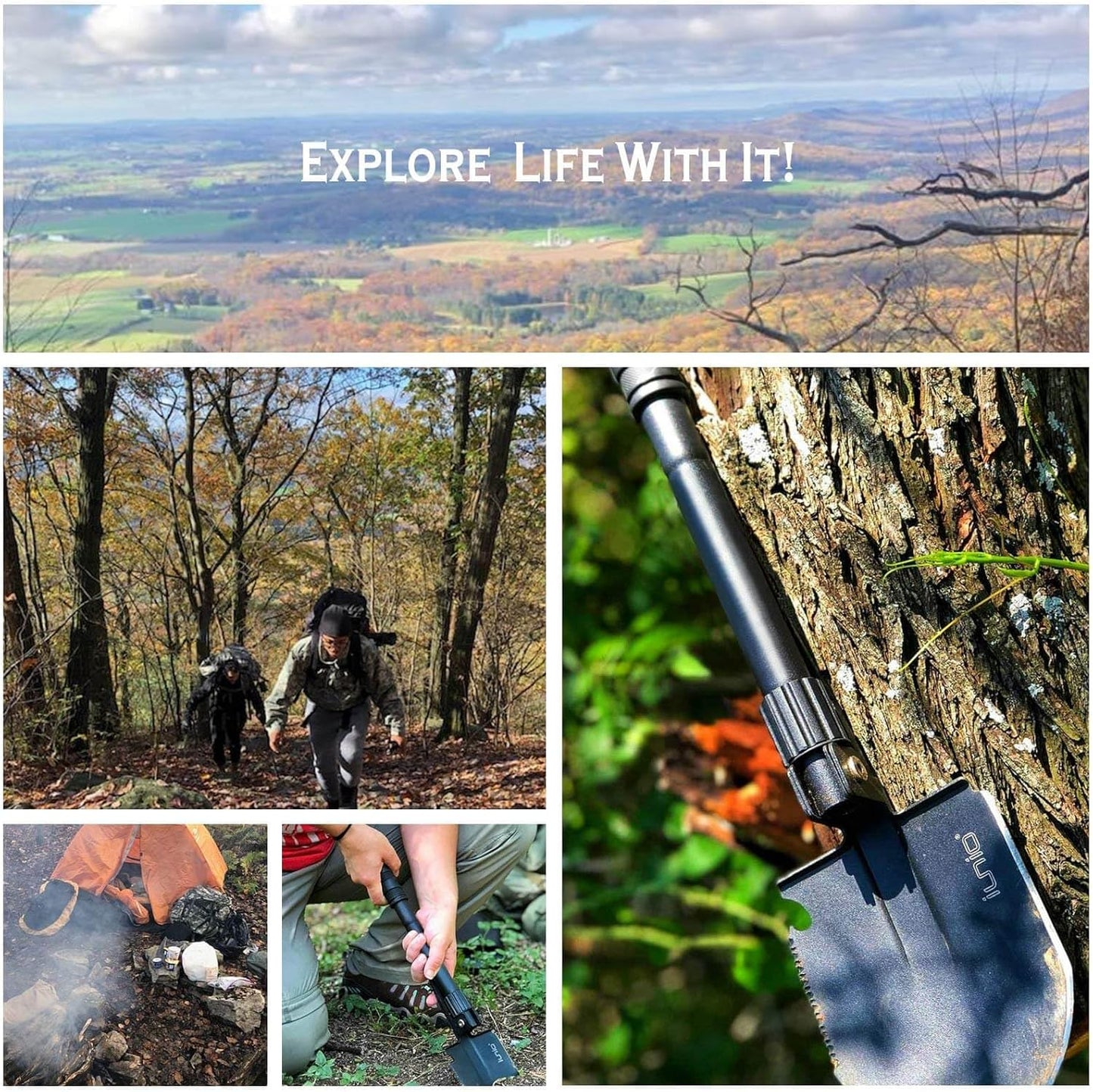 iunio Camping Shovel,Shovel Folding, Portable, Multitool, Foldable Entrenching Tool, Collapsible Spade, for Backpacking, Trenching, Hiking, Survival, Car Emergency