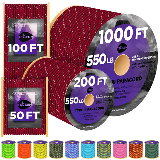 TECEUM Paracord Type III 550 Reflective Crimson – 100 ft – 4mm – Tactical Rope MIL-SPEC – Outdoor Para Cord –Camping Hiking Fishing Gear and Equipment – EDC Parachute Cord – Strong Survival Rope 324rf
