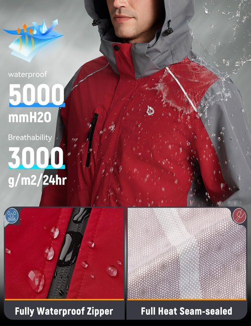 baleaf Ski Jacket for Men Waterproof Insulated Windbreaker Running Cycling Hiking Gear Hood Reflective Packable Red L