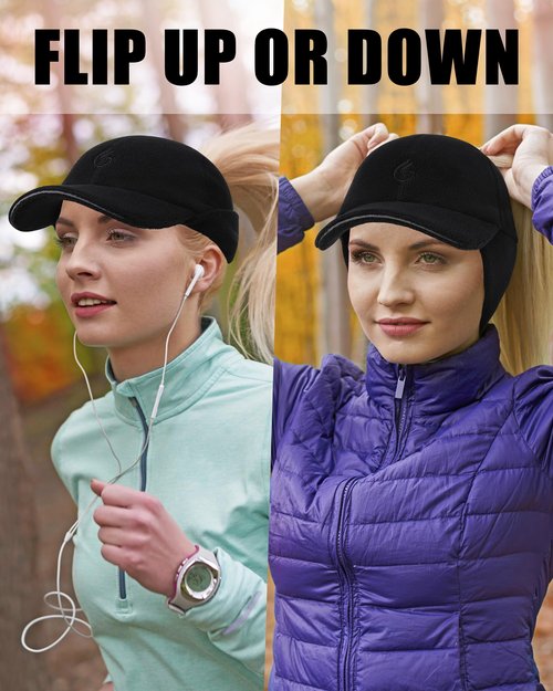 PivotWing Winter Hats for Women, Ponytail Hat with Ear Flaps Stretchy Fleece Winter Hiking Walking Running Cap Reflective Visor Baseball Caps Cold Weather Running Gear for Women Black