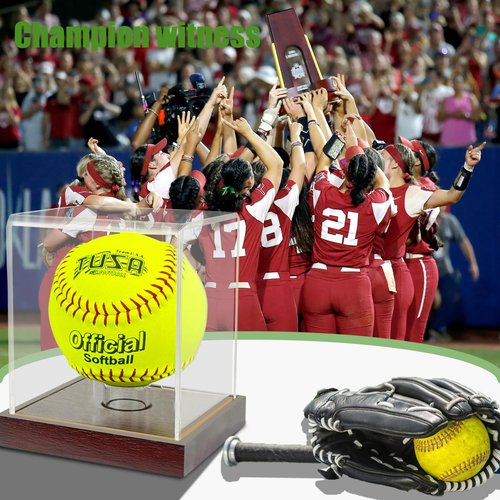 Softball Display Case with Wooden Base, 3mm Clear Acrylic Softball Holder Box, Dustproof Softball Case with Stand for Autographed Ball – 4x4x4.8 inch