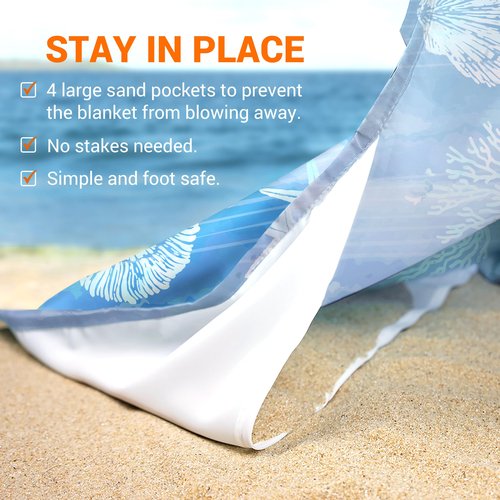 Zingtto Silky Soft 108"x84" Sand Proof Beach Blanket Sand Proof Mat with Corner Pockets and Fashion Mesh Bag for Beach Party, Travel, Camping and Outdoor Music Festival, Ombre Blue Marine