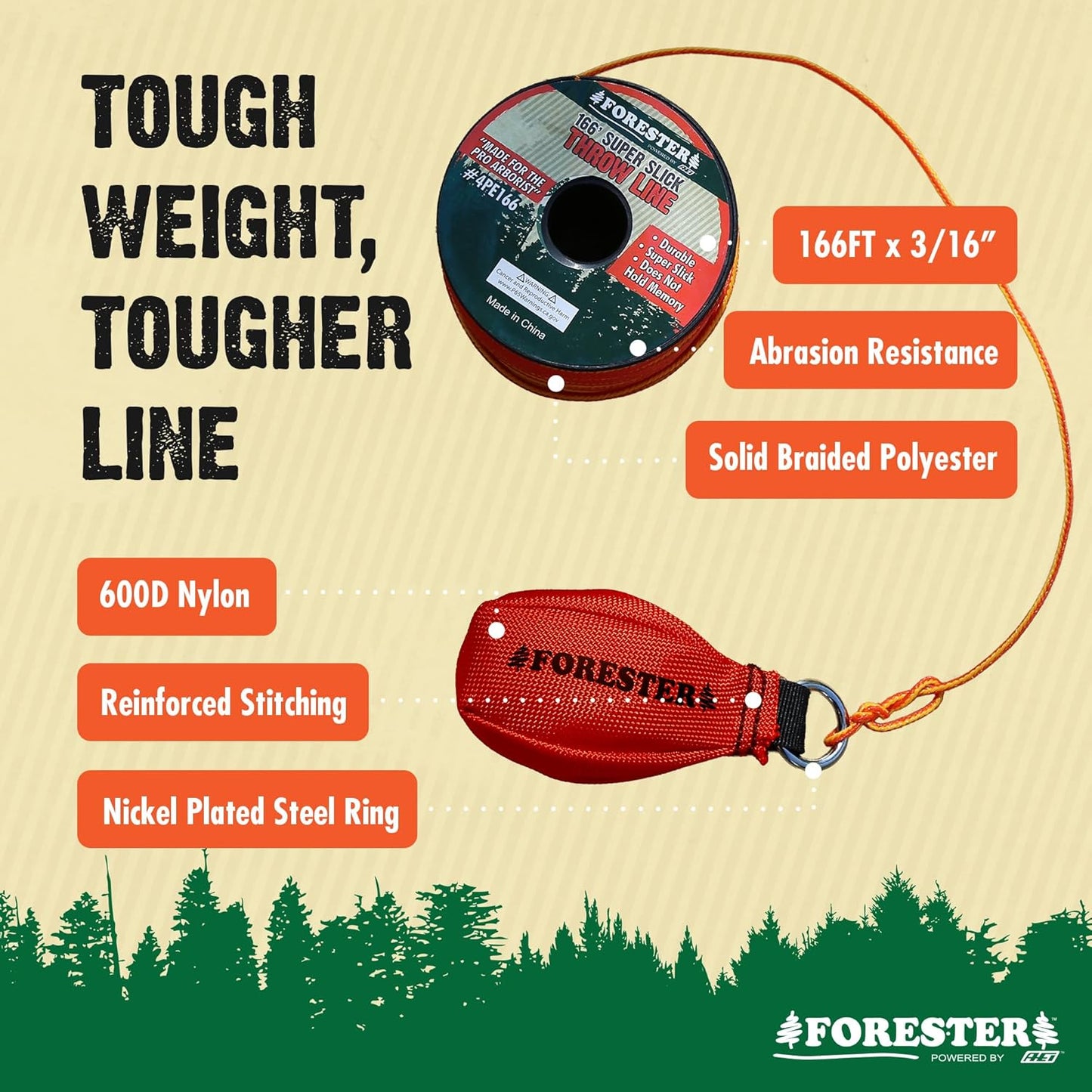FORESTER Arborist Throw Line Kit | Throw Weight & 166ft Rope | Ultra Slick 100% Polyester Rope | Arborist Equipment for Tree Climbing