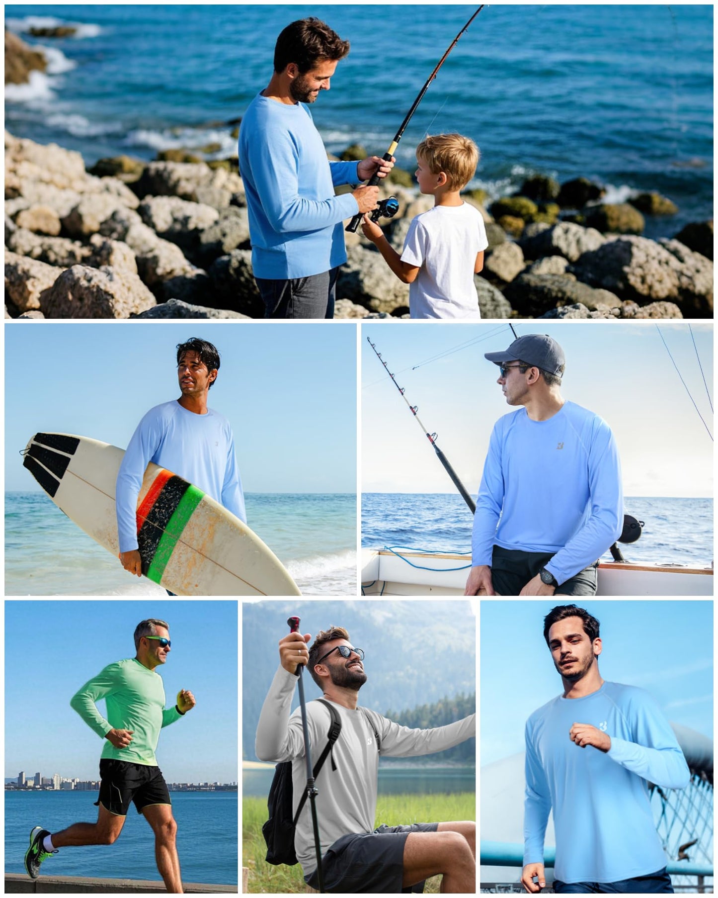 Roadbox Men's UPF 50+ UV Sun Protection Shirts, Lightweight Long Sleeve Water Swim Rash Guard for Fishing Running Hiking Blue