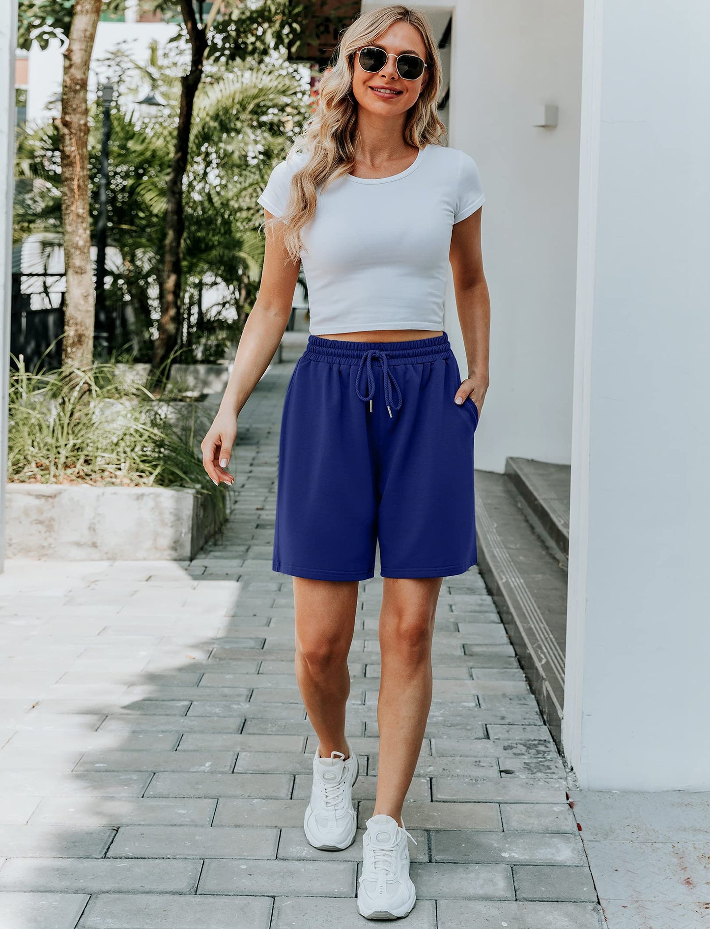 Quenteen Women 7" Inseam Shorts Golf Bermuda Shorts Cotton Summer Lounge Shorts with Pocket Royal Blue Large