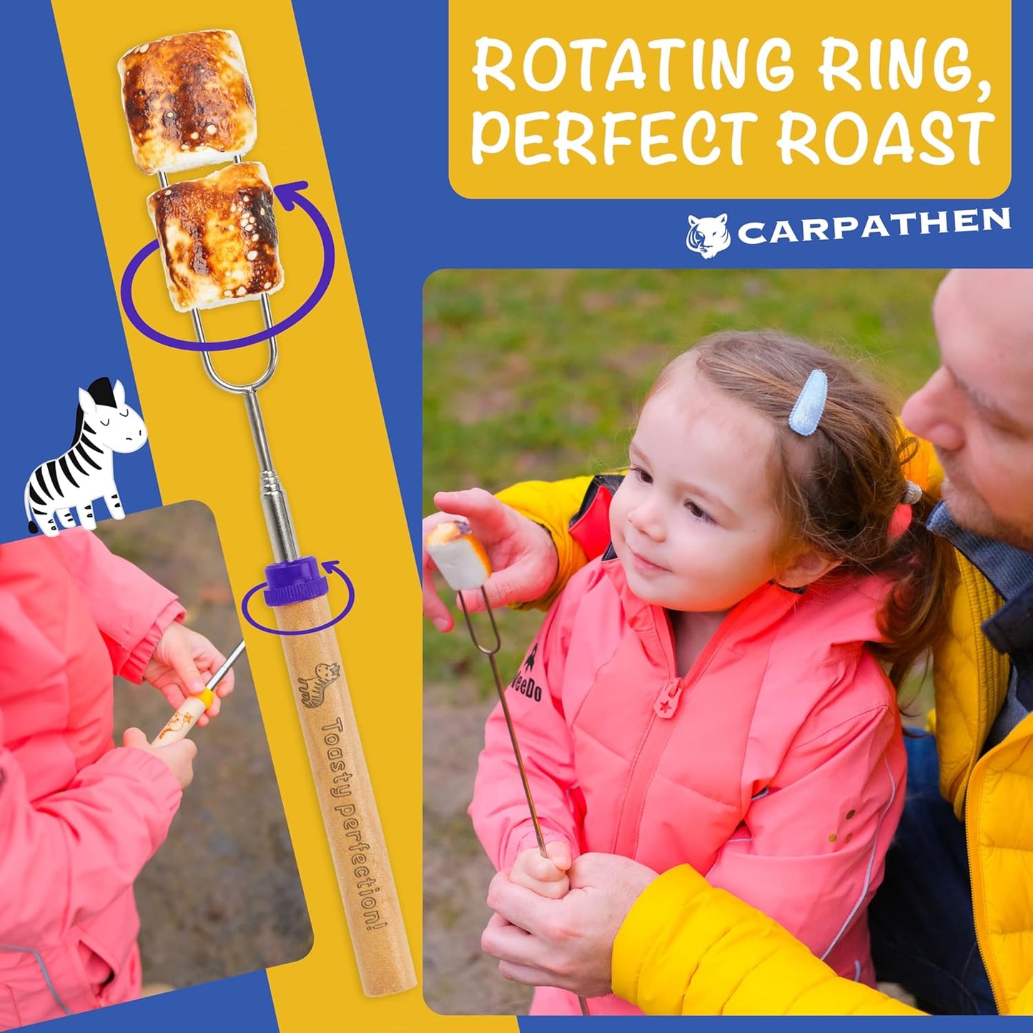 CARPATHEN Marshmallow Roasting Sticks - Set of 6 Premium Rotating Smores Sticks - Extra Long Telescoping Marshmallow Sticks for Fire Pit, Campfire & Bonfire - Camping Accessories