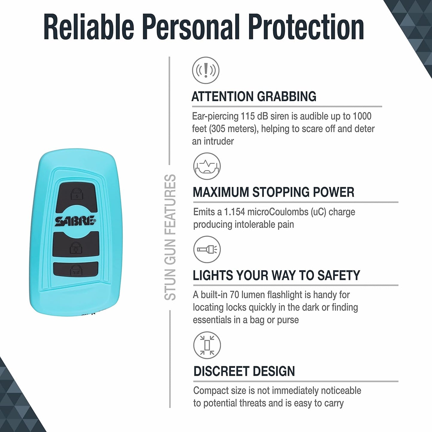 SABRE Stun Gun 3-In-1 Safety Tool, 1.154 Microcoulombs (µC) Charge, 115 dB Personal Alarm, Audible Up To 1,000-Feet (305-Meters), 70 Lumen Flashlight, Includes Wrist Strap