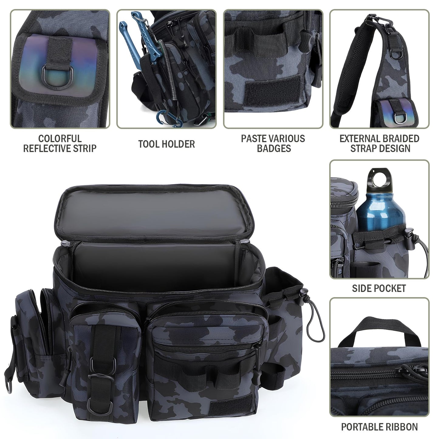 Fishing Bag, Fishing Tackle Storage Bag Chest Pack Rod Holder Shoulder Pack & Waist Bag Organizer with Belt & Shoulder Strap, Colorful Reflective Stripes for Hiking Fishing Camping (Black Camouflage)