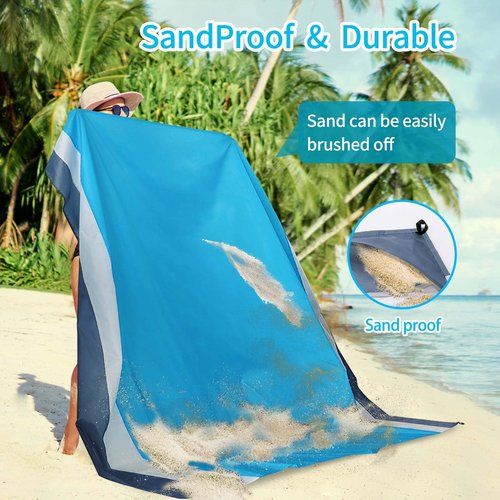 BREENHILL Large Mesh Beach Bag & Blue Beach Blanket 83"x79" 2Pcs Travel Accessories Comfort Lightweight Beach Accessories Mat Pool Bag Blanket Mat