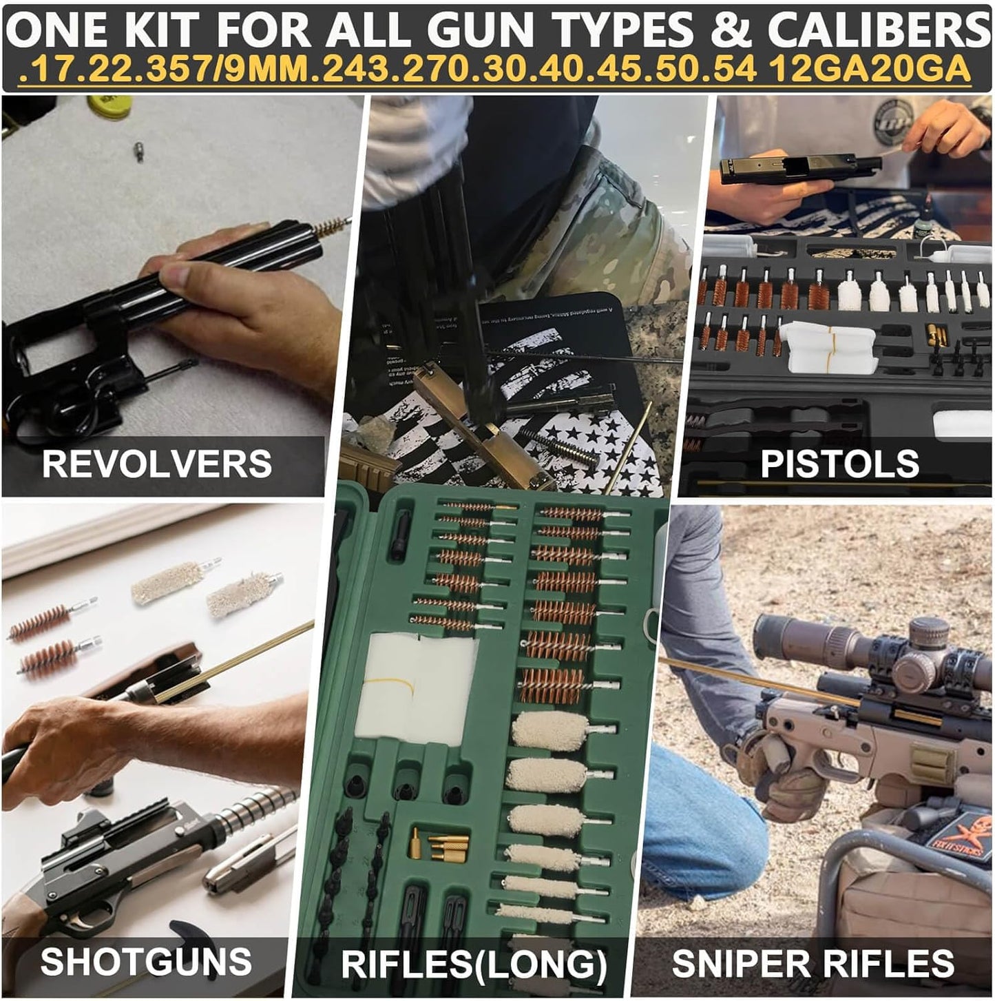 iunio Universal Gun Cleaning Kit, with Mat and Case, Full Brass Jags, Rods and Adapters, for All Guns, Rifle, Shotgun, Handgun, Pistol, Hunting, Shooting, All Caliber