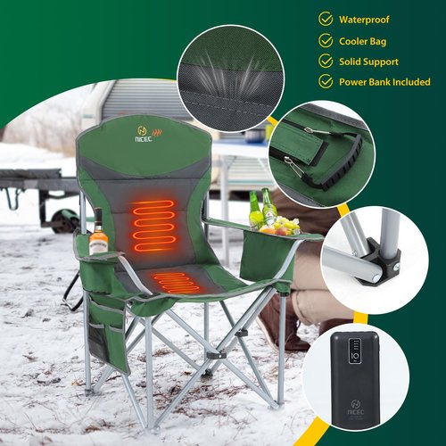 Nice C Heated Camping Chair with Battery, Heated Outdoor Sports Chair, Folding Chairs, with Cooler Bag, Cup Holder, Carry Bag, 10000 mAh Power Bank Included (Green&Grey 1-P)