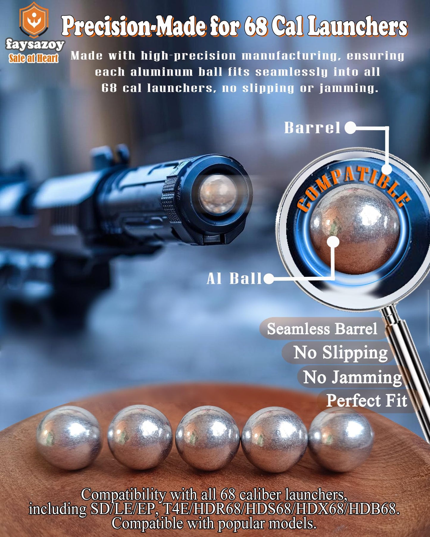 Faysazoy 50 x .68 Caliber Self Defense Balls & Projectiles, 7.3g, Hard - Reusable 0.68 Caliber Aluminum Balls for Home Defense, Practice, and Training (50)