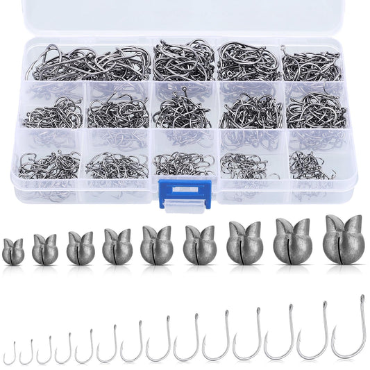 JellyArch 800 Pcs Fishing Accessories Kit Includes 700 Pcs 14 Sizes Carbon Steel Fishing Hooks 100 Pcs 9 Weights Removable Split Shot Sinker Circle Hooks Saltwater Fishing Sinkers and Weights with Box