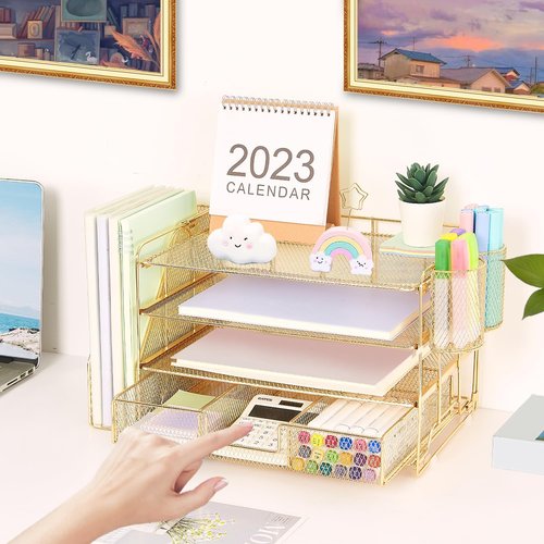 Desk Organizer and Accessories, 4-Tier Desktop File Organizer with Drawer and 2 Pen Holders, Office Desk Accessories for Office Supplies(Black)