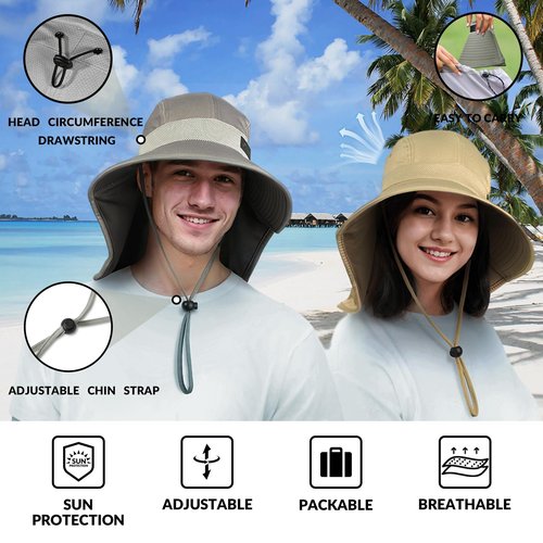 Sukeen Cooling Sun Hat for Men Women UPF50+ Wide Brim Fishing Hat with Neck Flap Adjustable Foldable Bucket Hat for Hiking Grey