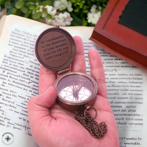 Thoreau's Go Confidently Brass Engraved Compass for Graduation, Confirmation Day, Baptism, New Year Gift, Birthday, Anniversary, Communion Religous Compass for Women Mens Boy Gift Leather case Compass