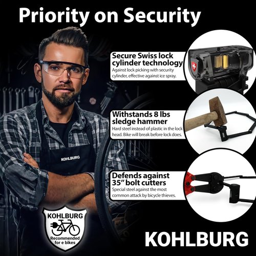 KOHLBURG 43" Heavy Duty Folding Bike Lock [Bolt Cutter Proof] for e-Bike & Bicycle – 110cm High-Security Foldable Lock with Bracket & 3 Keys – Anti-Theft for Bicycle e Scooter & Bikes