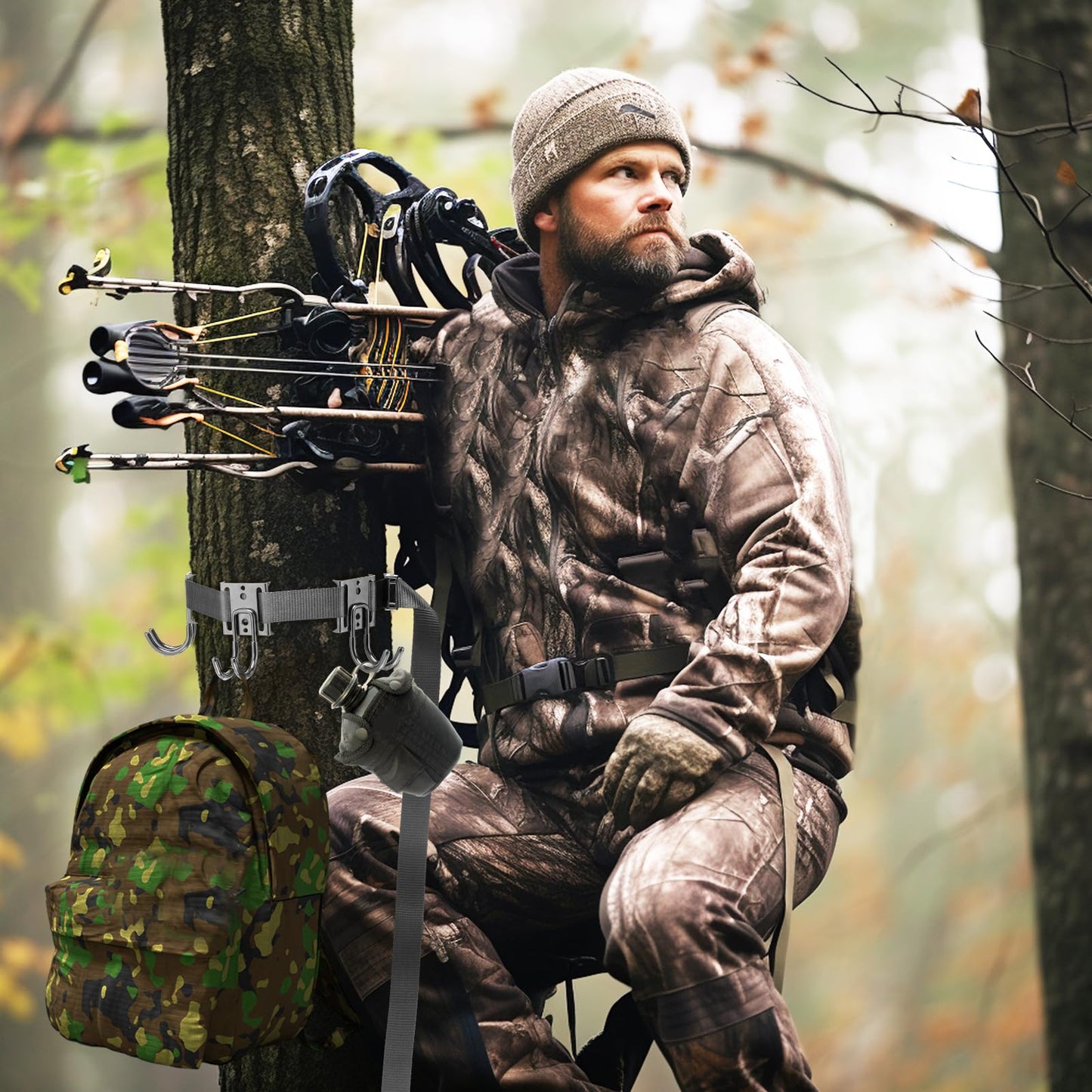 PAMASE Tree Stand Gear Hangers with 3 Metal Hooks - Thick Strap Bow Hanger for Hunting with Metal Buckle, Arrows Bag Archery Equipment Holder, Hunt Deer Treestand Saddle Accessory Kit