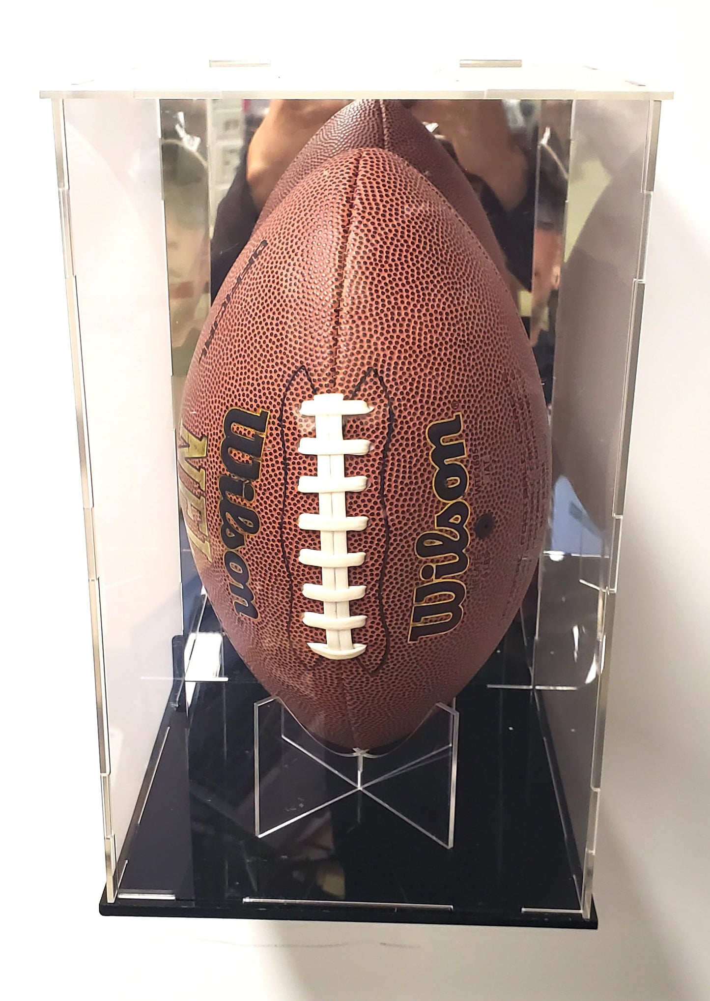 Full Size Football Acrylic Display Case Box Gold Mirror Field Showcase Shoes UV Protection 15x9x8 (Wall Mount Brackets)