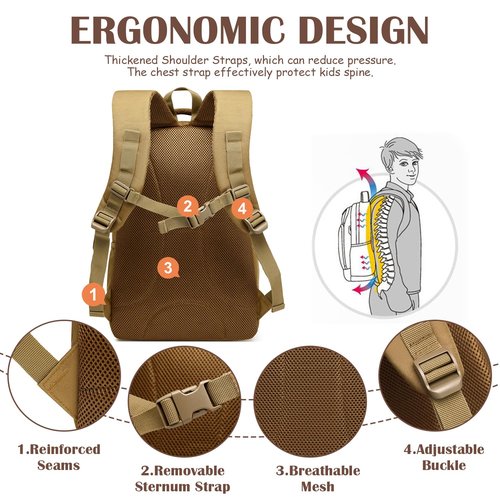 SunForMorning Kids Tactical Backpack Army Molle Bookbag Military Boys Backpack for School, Outdoor, Travel, Camping, Brown