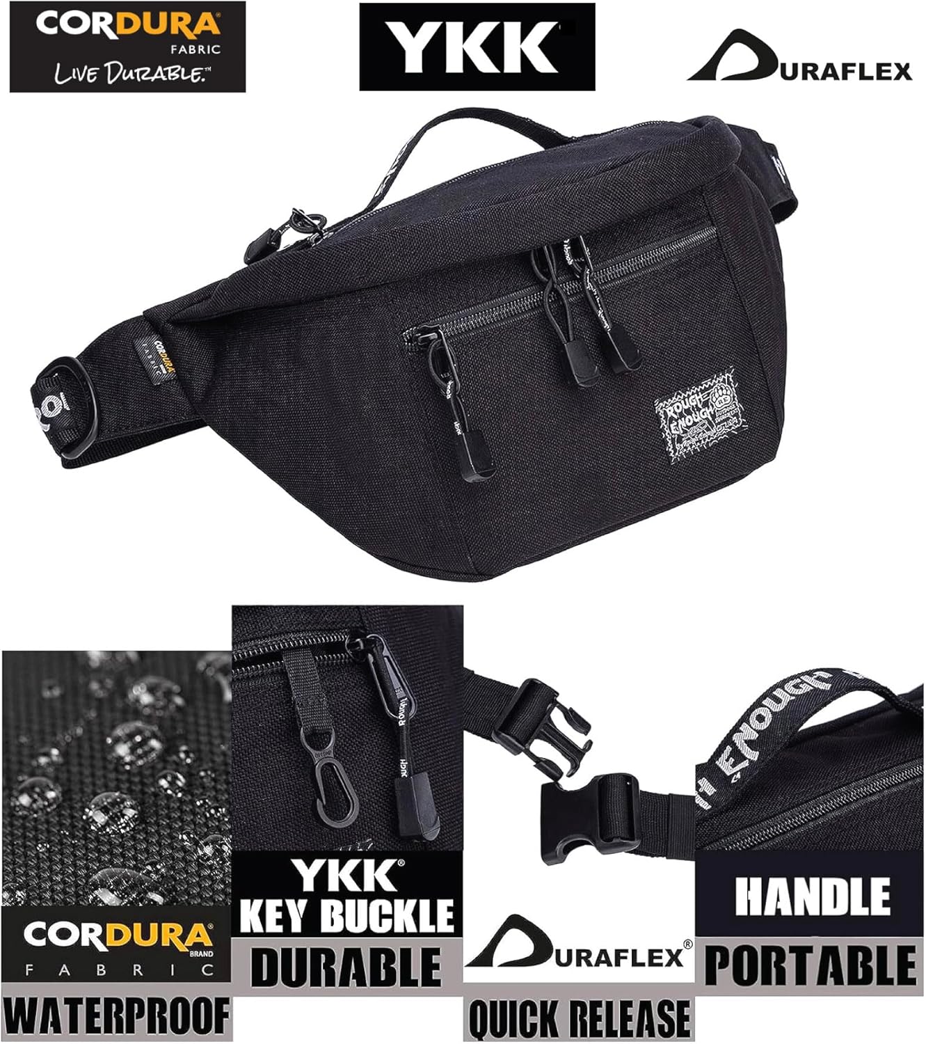 Rough Enough Tactical Fanny Pack for Men Lightweight Waterproof Waist Bag Crossbody for Fishing Hiking Dog Walking (Black)