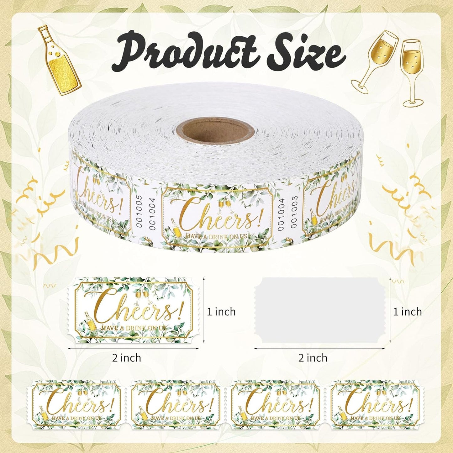 1000 Pcs Drink Ticket Single Raffle Tickets Roll Cocktail Design Free Drink Ticket for Events Wedding Work Formal Parties Leisure Class Reward