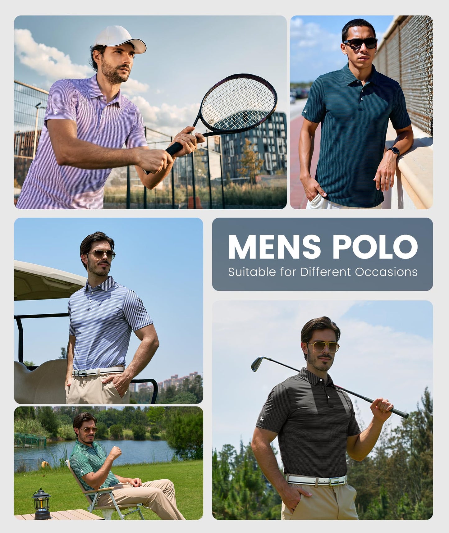 ZITY Men Golf Polo Shirts Short Sleeve Striped UPF 50+ Moisture Wicking Casual Collared Print T-Shirt for Men Green Striped