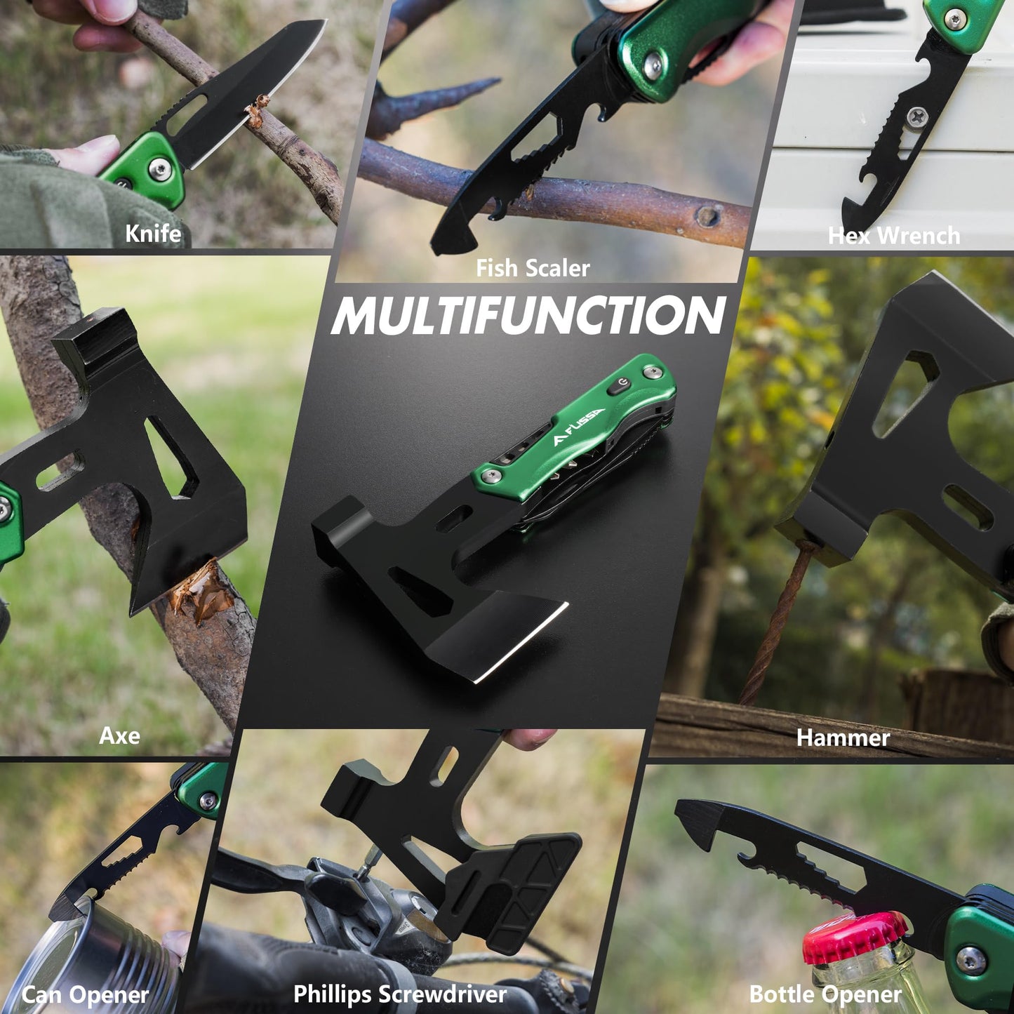 FLISSA Camping Axe Hammer 14-in-1 Multitool, Gift for Dad, Hatchet Multi Tool Stainless Steel with LED Light, EDC Hiking Survival Multi Function Tool Pocket Knife with Sheath