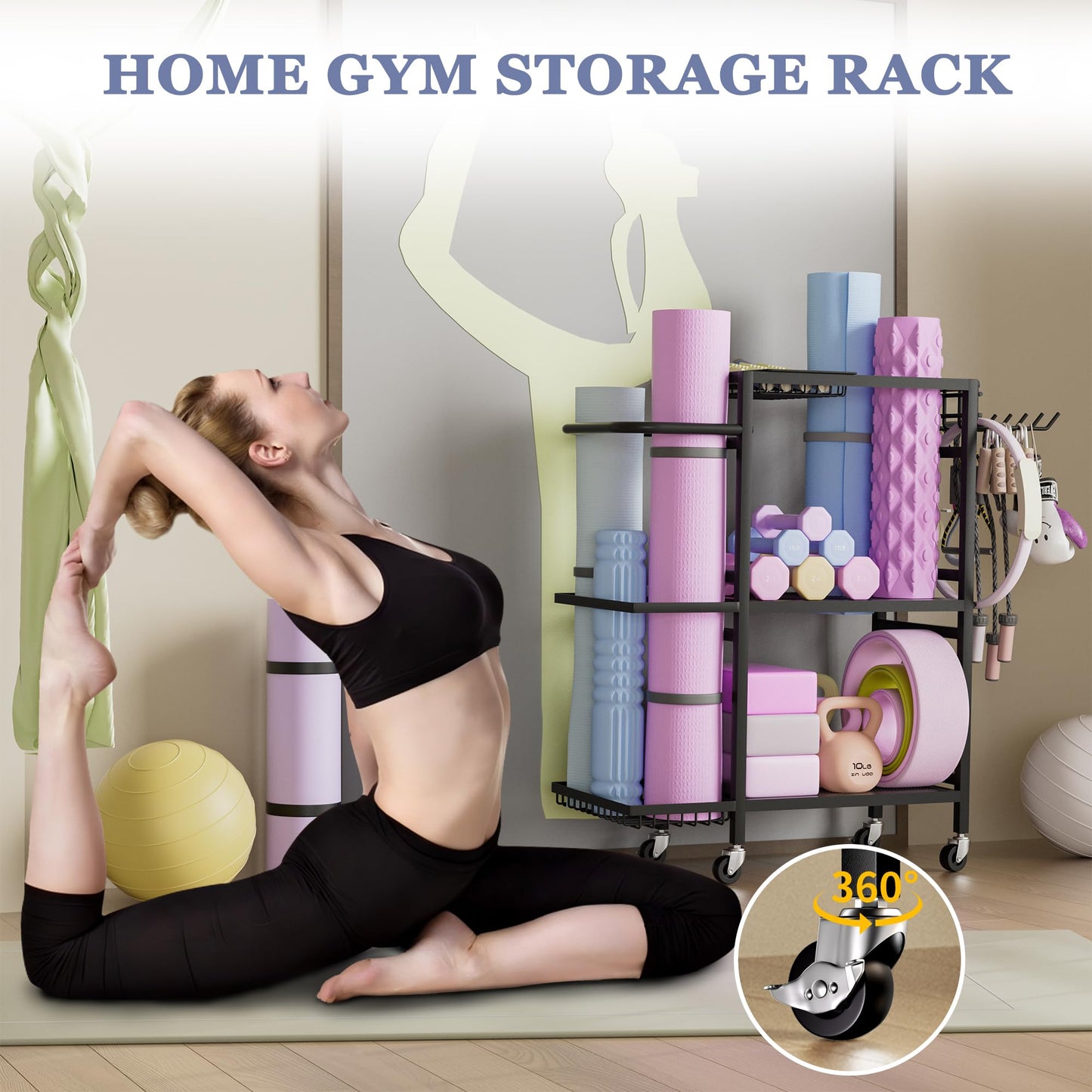 Home Gym Storage Rack, 3 Tier Yoga Mat Storage Rack with Wheel for Yoga Lover, Exercise Equipment and Workout Equipment Organizer, Yoga Mat Holder for Yoga Mats, Foam Roller and Dumbbells(Black)
