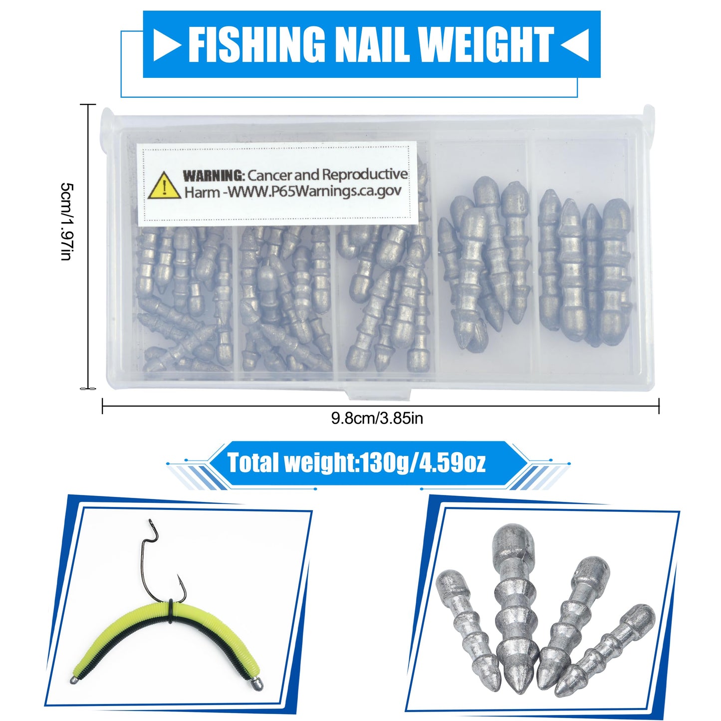 50pcs Fishing Nail Weights Kit Insert Sinkers Wacky Worm Weights for Bass Fishing Soft Plastic Lures Nail Sinkers Wacky Rig Neko Rig Insert Pencil Sinker Weight Kit 4 Sizes
