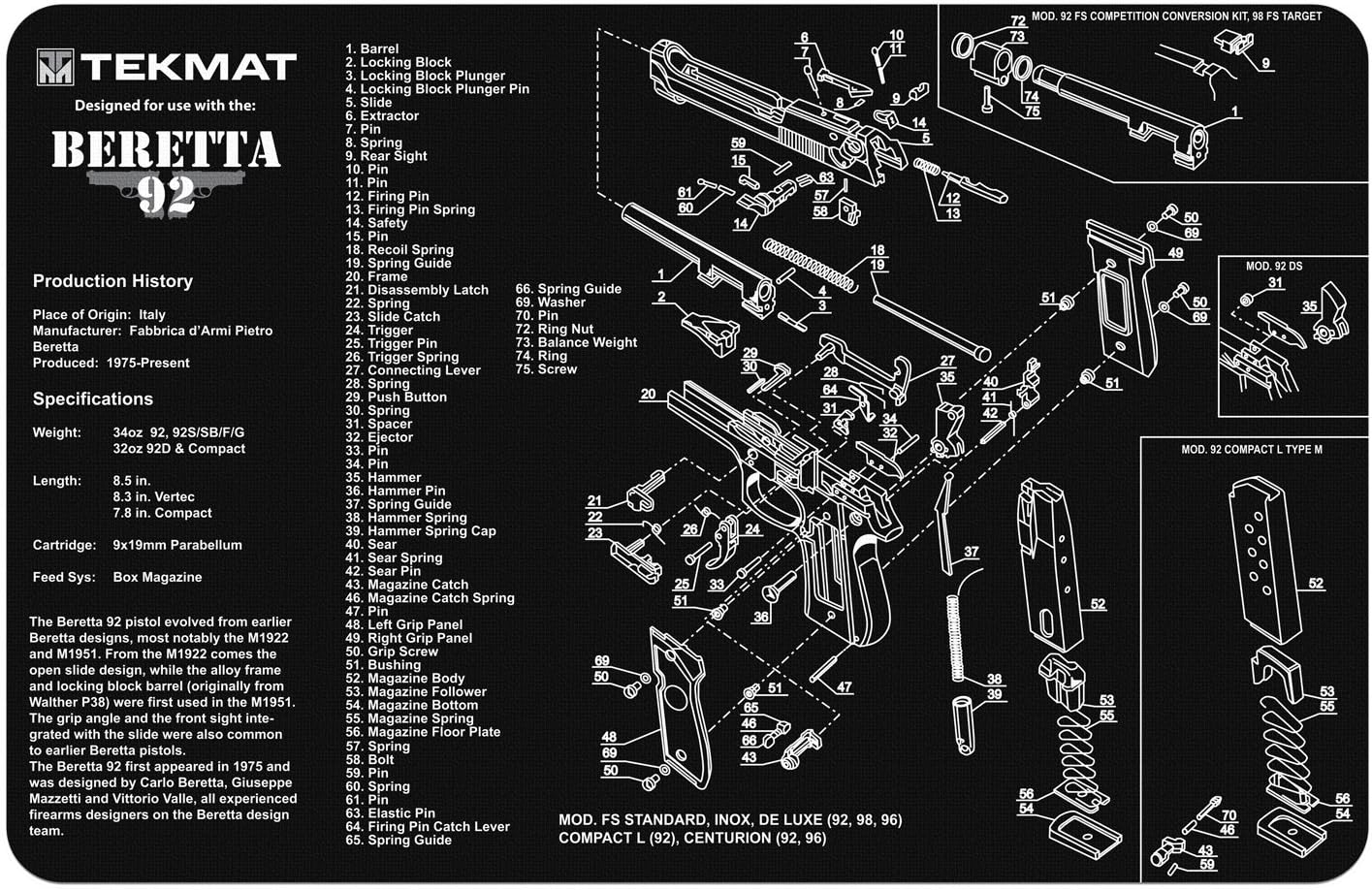 TekMat Gun Cleaning Mat for use with Beretta 92-M9 , Black