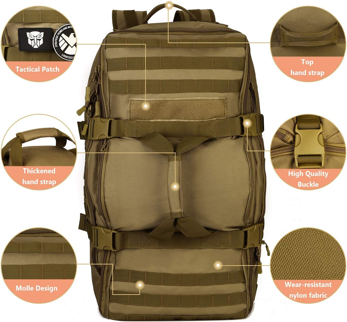 ArcEnCiel60L Outdoor Tactical Duffel Backpack Military Waterproof Suitcase Sport Luggage Hiking Camping Bag（Rain Cover+Patch）