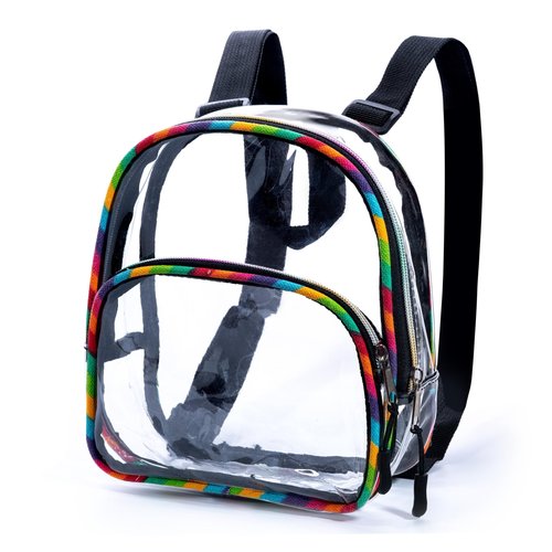 Clear Small Mini Backpack for Stadium Events, Concerts, Festivals, Stadium Approved, Size 9"H x 7"L x 3.5"W, Rainbow Canvas, Colorful Zippers, Adjustable Straps, 2 Compartments, Carrying Handle