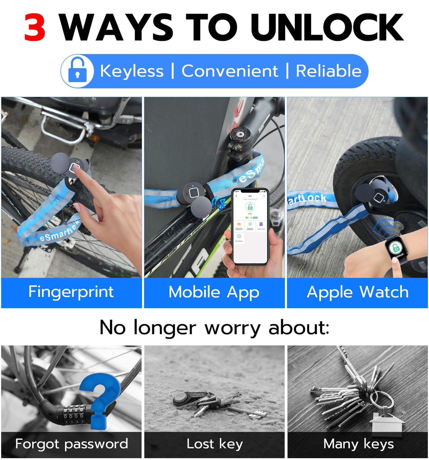 Anweller Heavy Duty Anti Theft Chain Lock, 3.3FT Long Keyless Fingerprint Bluetooth Electronic Digital Lock for Bike Scooter Outdoor Fence Gate, Electric Scooter Bike Accessories for Adults - Blue