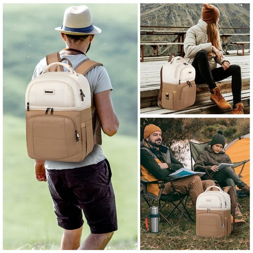 SINVICKO Dual Compartment Backpack Cooler, 12 x 6.6 x 17.3 inch, Apricot & Khaki, Polyester