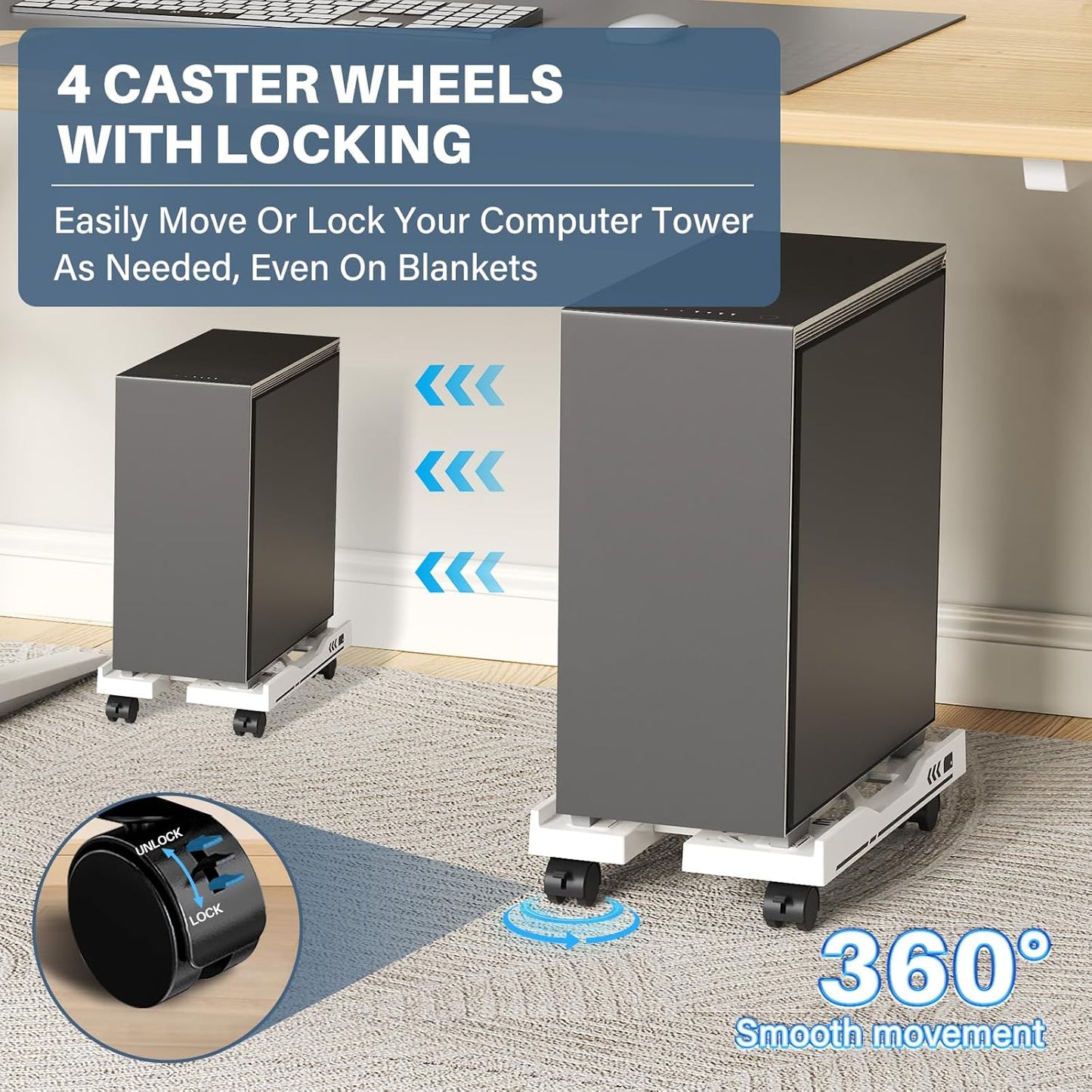 Adjustable Computer Tower Stand, Mobile PC Stand for Floor with 4 Locking Caster Wheels Fits Most PC, Under Desk CPU Holder for Office, Gamers and Students (Black)