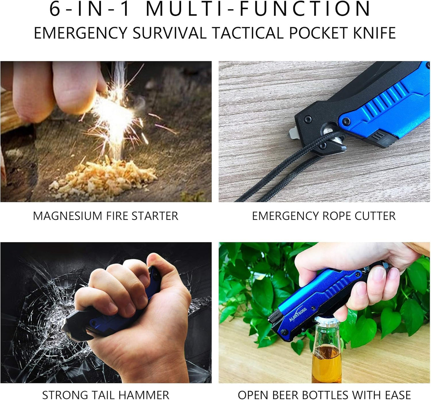 ALBATROSS 6-in-1 Survival Tactical Military Folding Pocket Knives with LED Light,Seatbelt Cutter,Glass Breaker,Magnesium Fire Starter,Bottle Opener;Multi-Function Emergency Tool(Black)