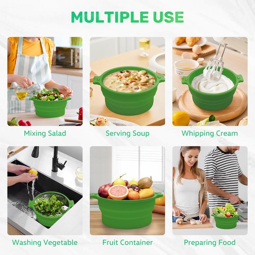 MORSNE Collapsible Silicone Bowls with Lids for Camping, Microwave, Travel & Outdoor Hiking - Green 2 Pack (0.8L+1.4L)
